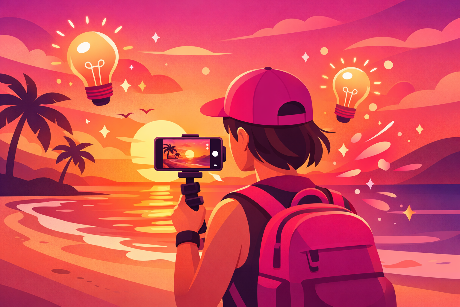 A travel creator filming a sunset beach scene with their smartphone, with creative sparks and lightbulbs floating around them