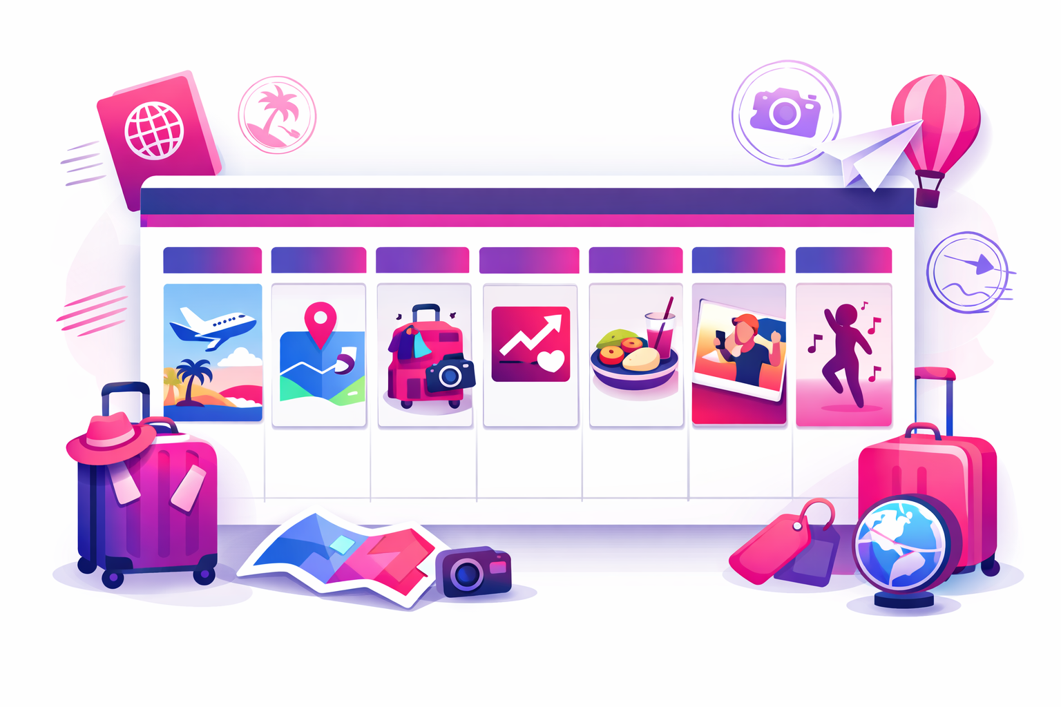 A content calendar showing different travel TikTok video types mapped to days of the week, surrounded by travel icons like suitcases, maps, and passports