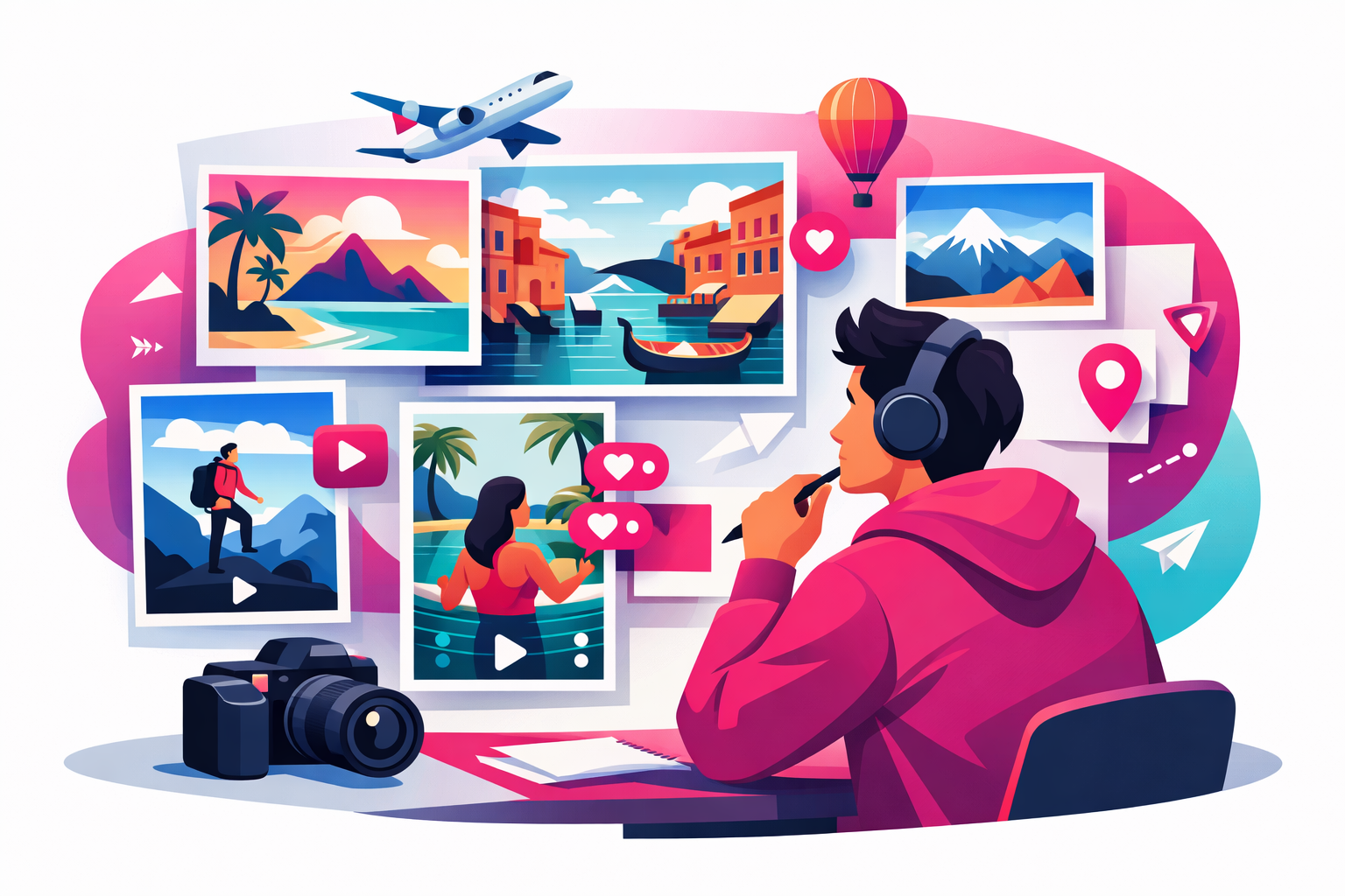 A travel creator brainstorming content ideas surrounded by destination photos, camera equipment, and TikTok video thumbnails in a creative collage