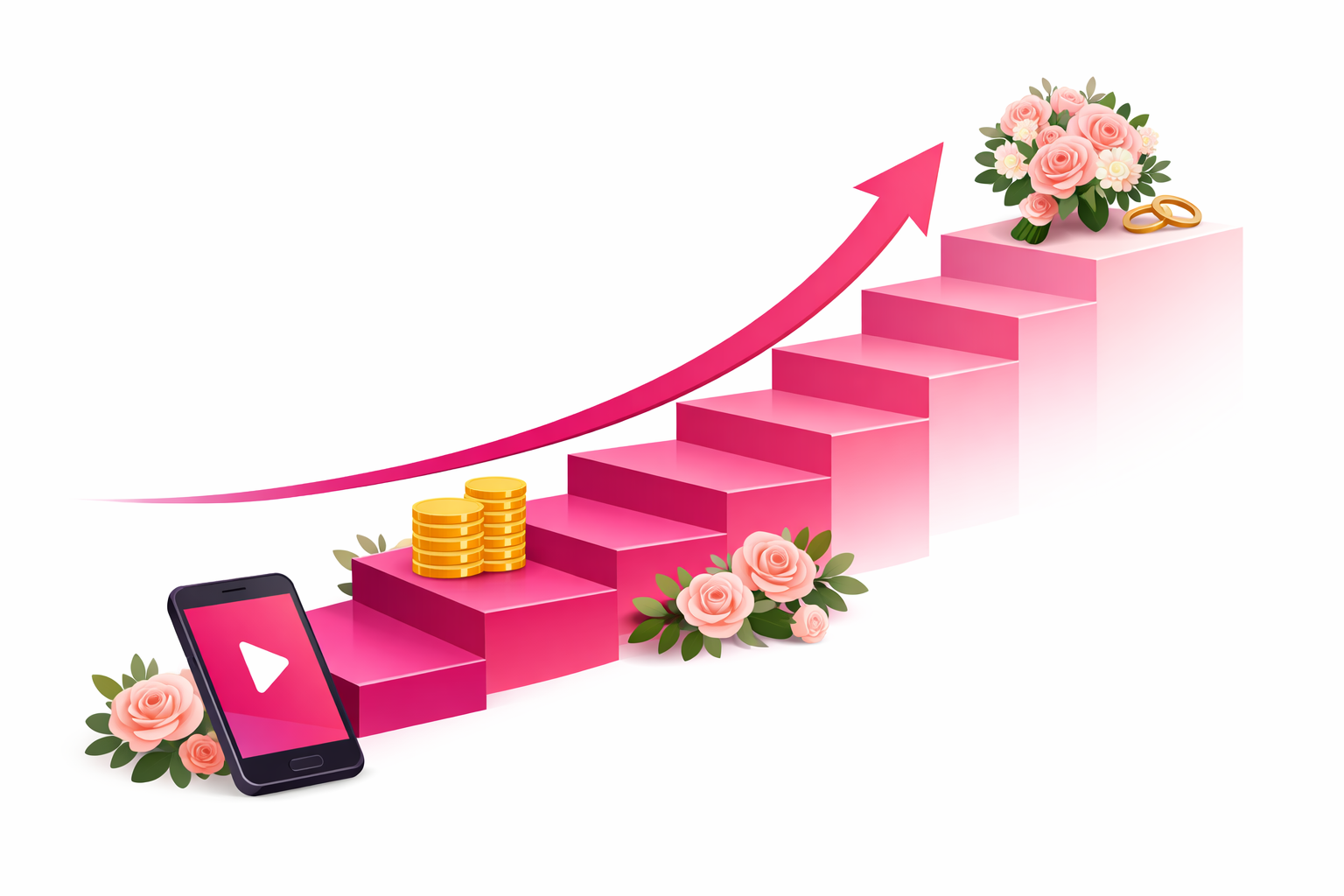 An ascending pink staircase of income tiers with gold coins on a lower step and a bridal bouquet with wedding rings at the top, a rising arrow sweeping upward, roses along the steps and a smartphone showing a play button at the base