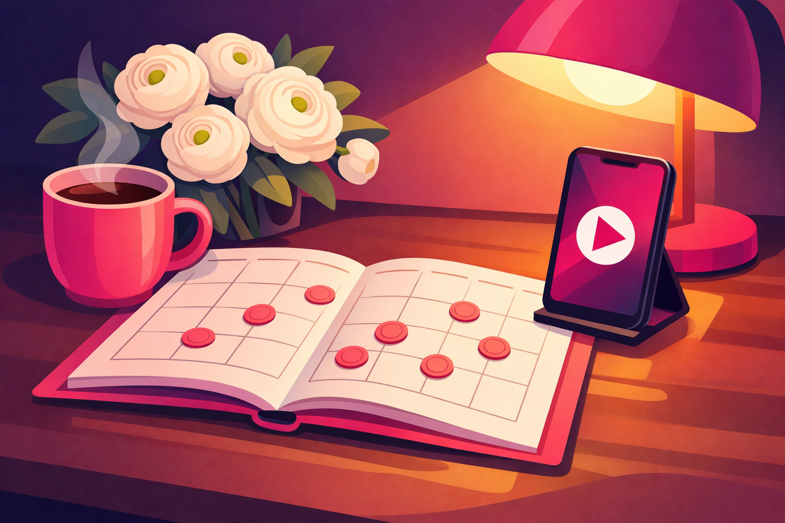 A wedding vendor's desk in warm lamplight with an open month-view planner marked with pink dots on several dates, a steaming mug, white ranunculus, and a propped smartphone showing a play button