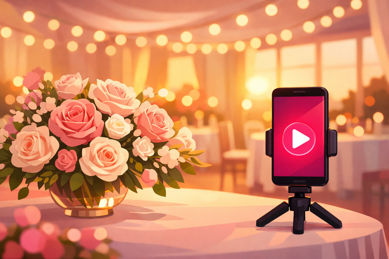 A finished blush and ivory rose centerpiece in a bright wedding reception space at golden hour, with a smartphone on a small tripod beside it showing a play button on screen